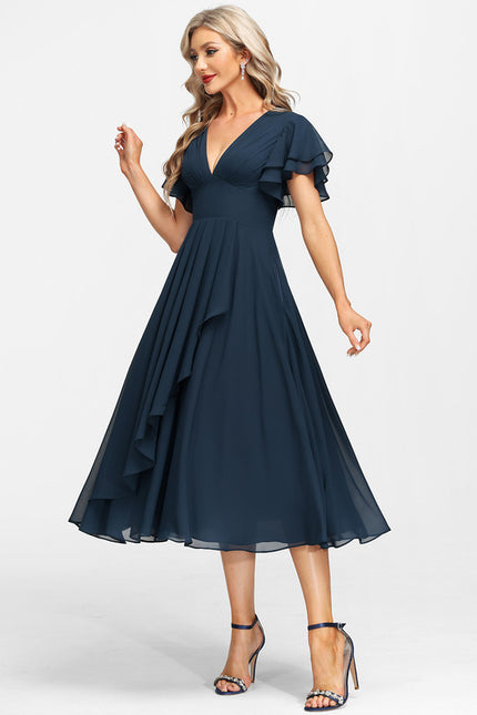 Robe Trapèze Bleu Marine Mousseline Volants - gallery 4