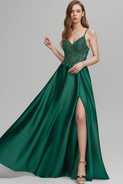Robe Trapèze Vert Satin Dentelle Bal - gallery 3